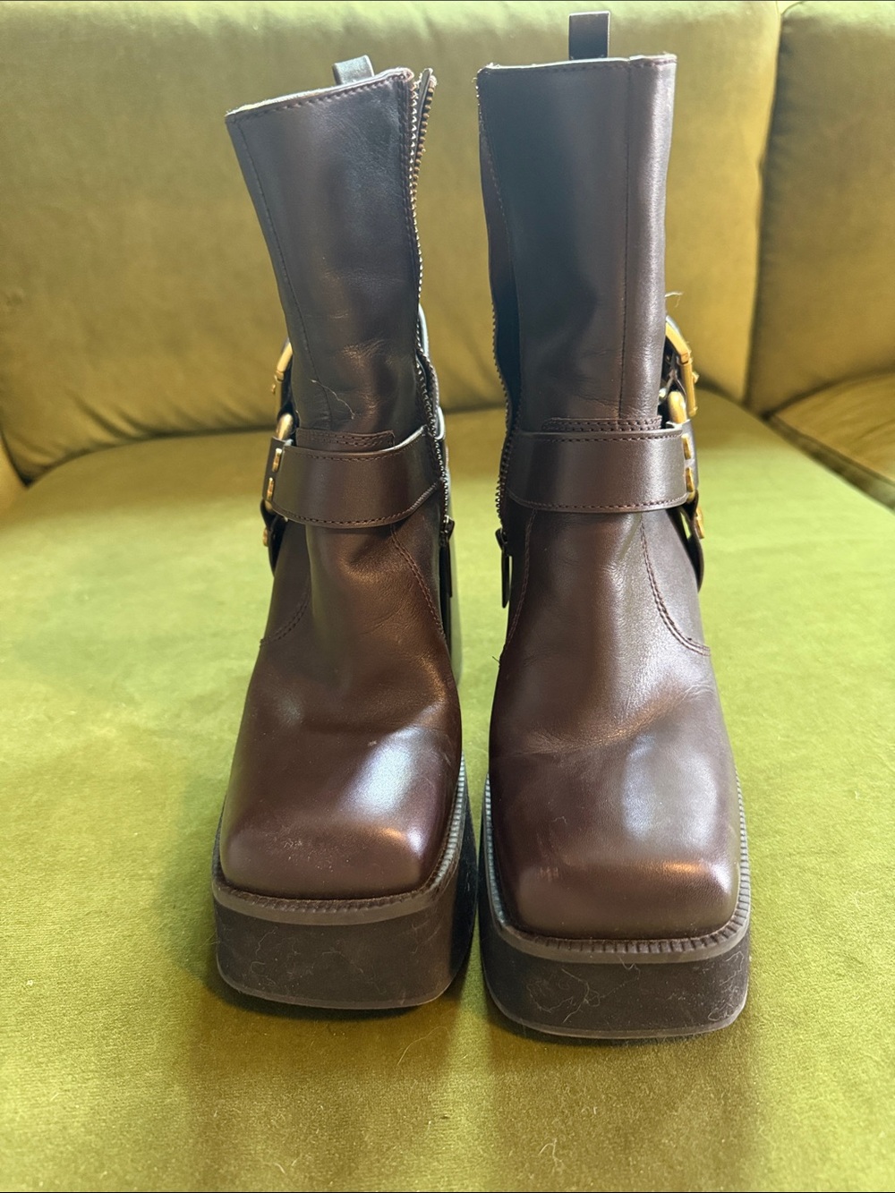 Michael Kors Dark Brown Leather Platform Ankle Boots with Gold Hardware
